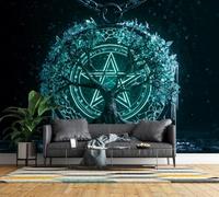 Feature Wall Mural Tree of Life Non-Woven 3D Matt Photo Wallpaper | Wipeable Panoramic Mural Wallpaper Pentagram Rune Viking Waterproof Wall Art 200x140 cm for Living Room Bedroom Kid Roomp273
