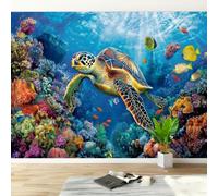 Feature Wall Mural Underwater Sea Turtle Non-Woven 3D Matt Photo Wallpaper | Wipeable Panoramic Mural Wallpaper 350x256 cm Tropical Fish Coral Reef Paste The Wall Art for Living Room Bedroom Home Office