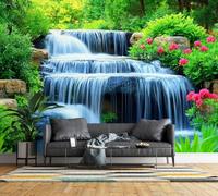 Feature Wall Mural Waterfall Forest Photo Wallpaper Non-Woven Matt | Wipeable Panoramic Mural Wallpaper 300x210 cm 3D Tropical Garden Landscape Wall Art for Living Room Bedroom Home Office K136