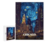 Featured Design: Chicago Starry Night Cityscape, 500 PCS, Wooden Art Puzzle, Year-End Present, for Relaxing Solo Or Group Play
