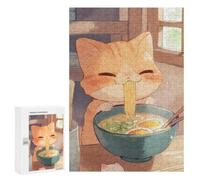 Featured Design: Cute Cat Eating Ramen Illustration, 300 PCS, Displayable Picture Puzzle, Year-End Present - for Quiet Evenings And Focused Play