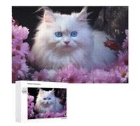 Featured Design: Fluffy White Cat with Blue Eyes Surrounded by Pink Flowers, 1000 PCS, Wooden Picture Puzzle for Grown-Ups, Winter Activity Gift, for Relaxing Solo Or Group Play