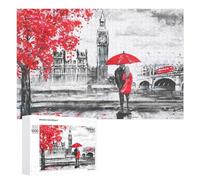 Featured Design: London Rain Artistic Cityscape with Umbrella Couple, 1000 PCS, Wooden Art Puzzle, Winter Gift - to Assemble, Frame And Display