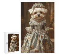 Featured Design: Maltese Dog in Floral Blue Elegance Victorian Pet Portrait Decor, 1000 PCS, Displayable Picture Puzzle, New Year Puzzle Gift, with A Decorative Finished Picture