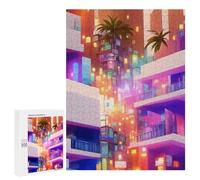 Featured Design: Neon Cityscape with Palm Trees -1, 500 PCS, Wooden Picture Puzzle for Grown-Ups, Gift for Winter Evenings, for Mindful Indoor Entertainment