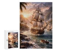 Featured Design: Pirate Ship Sailing Near Tropical Island, 300 PCS, Jigsaw Puzzle for Adults, Gift for Winter Evenings, for Relaxing Solo Or Group Play