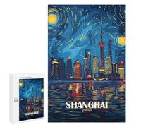 Featured Design: Shanghai China Skyline Night Art, 1000 PCS, Wooden Art Puzzle, Year-End Present, for Relaxing Solo Or Group Play