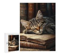 Featured Design: Sleepy Kitten on Books -1, 500 PCS, Wooden Jigsaw Puzzle for Adults, Relaxing Home Activity - for A Rewarding Weekend Challenge