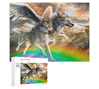 Featured Design: Winged Wolves Soaring Above Rainbow, 500 PCS, Wooden Picture Puzzle for Grown-Ups, Winter Activity Gift, for Relaxing Solo Or Group Play