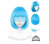 Featured Wigs and Heart Sunglasses, Color Bob Wig, Party Cosplay Wigs, Rainbow Wig with Neon Glasses for Women - Bachelorette Party Decorations Favors (Sky Blue)