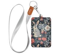 Featuring A Floral Background and Cartoon Rabbit Pattern Leather Work id Badge Holder for Women with Lanyard and 3-Card Capacity id Holders for Staffs Officers Students Doctors Employees