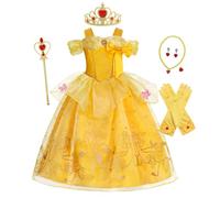 Febbabe Girls Princess Fancy Dress Up Costume for Kids Halloween Carnival Cosplay Child Christmas Holiday Birthday Party Deluxe Long Evening Gown Yellow with Accessories Age 7-8 Years