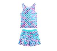 Febbabe Little Girls Mermaid Swimsuit Two Piece Tankini Set Boyshort Swimwear Racer Back Tops Swim Shorts Bathing Suit Summer Holiday Beach Wear Blue Age 5-6 Years
