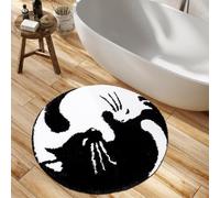 Feblilac Cute Cat Bath Mat Yin Yang Bathroom Rug Round Microfiber Living Room Bedroom 65x65 cm
