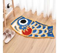 Feblilac Cute Fish Bath Mat For Bathroom, Japanese Koi Flag Soft Water Absorbent, Non-Slip, Machine Washable (Blue)