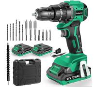 FEBOGER Brushless Cordless Hammer Drill 21V, Cordless Drill Set with 2 Batteries 2.0Ah, 45N.m Max, 20+3 Torque, 14pcs Drilling Bits, 2 Speed, LED Light for Home, Garden DIY Project