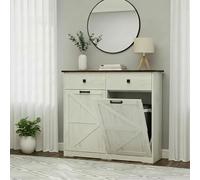 FEBORY Farmhouse Dual Tilt Out Trash Can Cabinet, Holds 2 x 10 Gallon Bins Hidden Laundry Hamper Cabinet, with Hideaway Drawer Garbage Can Cabinet, Ideal for Kitchen & Laundry Room (Antique White)