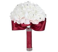 Febou Burgundy Wedding Bouquet for Bride Bridesmaid Toss Bouquet Crystals Silk Rose Bridal Bouquet for Wedding Party (Burgundy White)