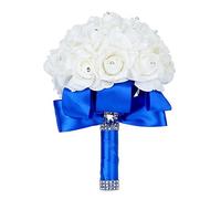 Febou Wedding Bouquet, Handmade Blue Bridesmaid Bouquet Bridal Bouquet with Crystals Soft Ribbons, Artificial Rose Flowers for Wedding, Party and Church (Royal Blue)