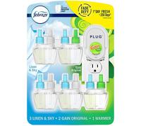 Febreze Plug in Air Fresheners 3 Linen & Sky & 2 Gain Original Scent Odor Eliminator for Strong Odors 1 Warmer + 5 Oil Refills (Packaging May