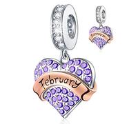 February Birthstone Charm fits Pandora Valentines Bracelet, 925 Sterling Silver Sparkle Pave Heart Amethyst Purple CZ Stone Pendant Bead, Birthday Gifts for Bride/Wedding/Wife
