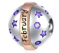 February Birthstone Charms fit Pandora Valentines Day Bracelet, 925 Sterling Silver Birthday Stone Pave Amethyst CZ Soccer Ball Beads with Rose Gold Banner, Gifts for Bride/Couple/Wifey