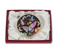 February Mountain Elegant Butterfly and Floral Mother of Pearl Compact Mirror, Dual Magnification (1X & 2.5X) - Lightweight Travel Makeup Mirror in Gift Box (Colorful Butterfly on Black Background)