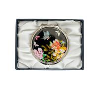 February Mountain Elegant Butterfly and Floral Mother of Pearl Compact Mirror, Dual Magnification (1X & 2.5X) - Lightweight Travel Makeup Mirror in Gift Box (Peony Black)