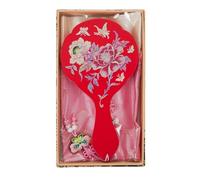 February Mountain Korean Mother-of-Pearl Hand Mirror with Gift Pouch - Traditional Korean Souvenir for Women - Elegant Compact Vanity Mirror for Purse or Travel (Peony & Butterfly - Red)