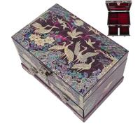 February Mountain Korean Mother of Pearl Jewelry Box - 2-Drawer Keepsake Box with Mirror, Traditional Oriental Trinket Organizer - Gift for Women, Mom, Wife, Anniversary (Crane and Pine tree - Purple)
