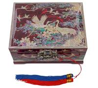 February Mountain Korean Mother of Pearl Music Jewelry Box - Handcrafted Crane & Floral Design, Plays Arirang - Unique Gifts for Mom, Sister, Wife, & Grandmother (Red)
