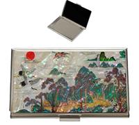 February Mountain Mother of Pearl Business Card Case - Korea Traditional Gifts, Slim Metal Holder for Business & Credit Cards, Pocket-Sized Purse Wallet (Mountain)