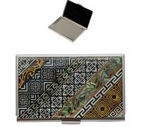 February Mountain Mother of Pearl Business Card Case - Korea Traditional Gifts, Slim Metal Holder for Business & Credit Cards, Pocket-Sized Purse Wallet (Black and Gold Geometric Design)