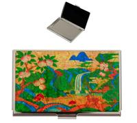 February Mountain Mother of Pearl Business Card Case - Korea Traditional Gifts, Slim Metal Holder for Business & Credit Cards, Pocket-Sized Purse Wallet (Peach Valley)