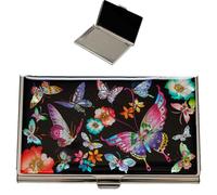 February Mountain Mother of Pearl Business Card Case - Korea Traditional Gifts, Slim Metal Holder for Business & Credit Cards, Pocket-Sized Purse Wallet (Colorful Butterfly on Black Background)