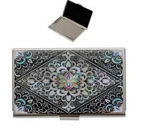 February Mountain Mother of Pearl Business Card Case - Korea Traditional Gifts, Slim Metal Holder for Business & Credit Cards, Pocket-Sized Purse Wallet (Mandala Design)