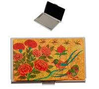 February Mountain Mother-of-Pearl Business Card Holder - Yellow Floral & Bird Design - Korean Art Card Case for Women & Men - Elegant Gift Box Included, Flower Birds, Flower Birds