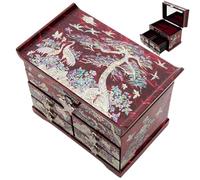 February Mountain Mother of Pearl Wooden Jewelry Organizer Box - Jewelry Storage Box for Women, Features Spacious Drawers, Ideal for Rings, Bracelets, Watches, Accessories (Crane and Pine tree Red)