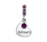 February Purple Cubic Zirconia Birthstone Heart Dangle Charm Compatible with Pandora Charms Bracelets
