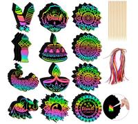 FEBSNOW 48 PCS Diwali Crafts for Kids, Magic Rainbow Scratch Art Paper Cards for Kids Diwali Gifts School Classroom Activities Happy Diwali Festival of Lights Party Favors Hanging Ornaments