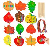 FEBSNOW 48 Pcs Fall Scratch Art Autumn Maple Leaves Pumpkin Scratch Paper Crafts Magic Rainbow Scratch Off Kit with 48 Ribbons 12 Styluses for Thanksgiving Classroom Activities(12 Designs)
