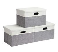 Febzoce Storage Boxes with Lids, Storage Baskets for Shelves Foldable Fabric Storage Bins Organizer for Home and Office Light Grey and White Medium Large 39 x 27 x 25 cm 3 Pack