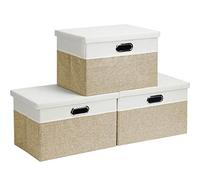 Febzoce Storage Boxes with Lids, Storage Baskets for Shelves Foldable Fabric Storage Bins Organizer for Home and Office Light Brown and White Medium Large 39 x 27 x 25 cm 3 Pack