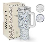 FECBK 40oz Tumbler with Straw and Lid 1.2L, 100% Leak-Proof Travel Mug with Handle, Stainless Steel Vacuum Insulated Water Bottle Coffee Cup Keeps Cold 34H / Hot 12H, White Leopard