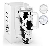 FECBK 40oz Tumbler with Straw and Lid 1.2L, 100% Leak-Proof Travel Mug with Handle, Stainless Steel Vacuum Insulated Water Bottle Coffee Cup Keeps Cold 34H / Hot 12H, White Cow