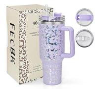FECBK 40oz Tumbler with Straw and Lid 1.2L, 100% Leak-Proof Travel Mug with Handle, Stainless Steel Vacuum Insulated Water Bottle Coffee Cup Keeps Cold 34H / Hot 12H, Lilac Leopard