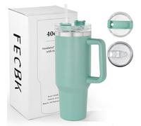 FECBK Travel Mug with Handle 1.2L, 40oz Tumbler with Straw and Lid, Stainless Steel Vacuum Insulated Water Bottle Coffee Cup Keeps Cold 34H / Hot 12H, Teal