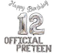 Fechy 12th B'day Decor Boy Girls,Official Pre-Teen 12th B'day Balloon Happy 12th B'day Banner Number 12 Foil Balloons 12 Years Old B'day Anniversary Supplies Boy Girl(Silver) (FC-Pre-12th-4-silver)