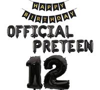 Fechy 12th Birthday Decor for Boys Girls, Official Pre-Teen 12th Birthday Balloon Happy 12th Birthday Banner Number 12 Foil Balloons for 12 Years Old Birthday Anniversary Supplies Boys Girls (Black)