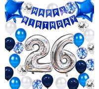 Fechy 26th Birthday Party Decoration Blue for Men, Happy Birthday Banner Blue Number 26 Birthday Star Foil Balloons Latex Confetti Balloons for Men Him 26 Years Old Birthday Supplies(26th)